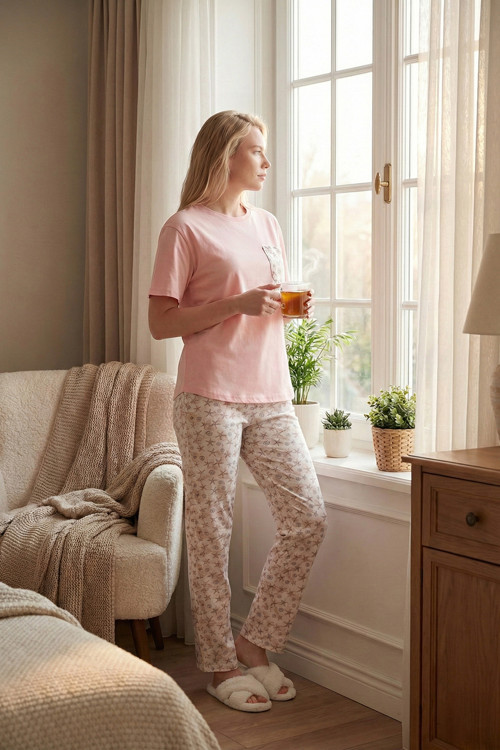 Pamuklu Regular Fit Bisiklet Yaka Cep Detaylı Bayan Pijama Takımı 6091325 SOMON
