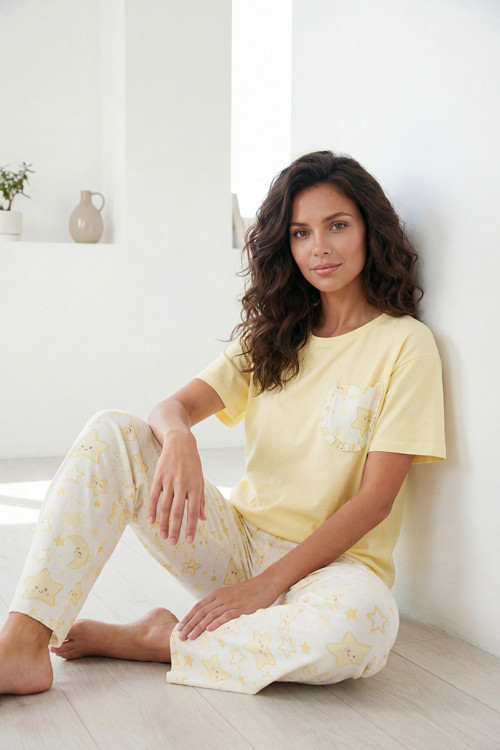 Pamuklu Regular Fit Bisiklet Yaka Cep Detaylı Bayan Pijama Takımı 6091325 SARI