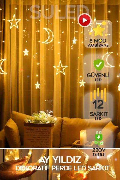 SULED Sl-1037 Ay Yıldız Perde Led 8 Mod Saçaklı Perde Peri Mutfak Işık Dekoratif Lamba Led Işık