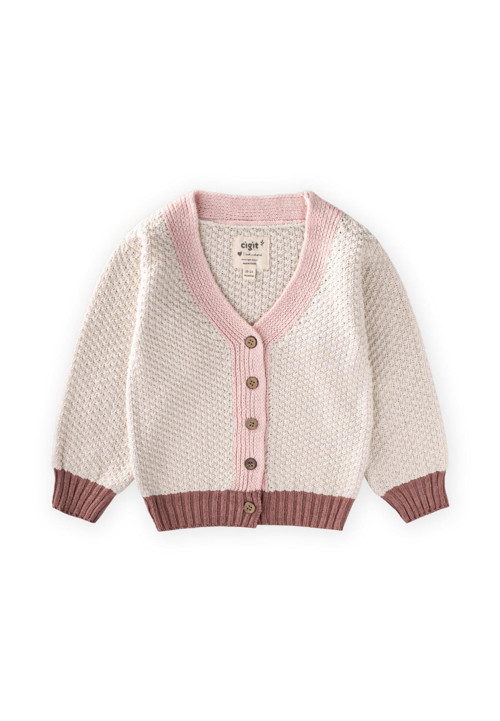 Triko Düğmeli Hırka 2-8 Yaş Naturel Pembe