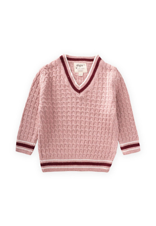 Saç Örgü V Yaka Kazak 2-9 Yaş Pudra Pembe