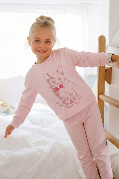 Kedi Baskılı Pijama Takım 2-8 Yaş Pudra Pembe