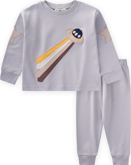 Uzay Aracı Aplikeli Pijama Takım 2-8 Yaş Gri
