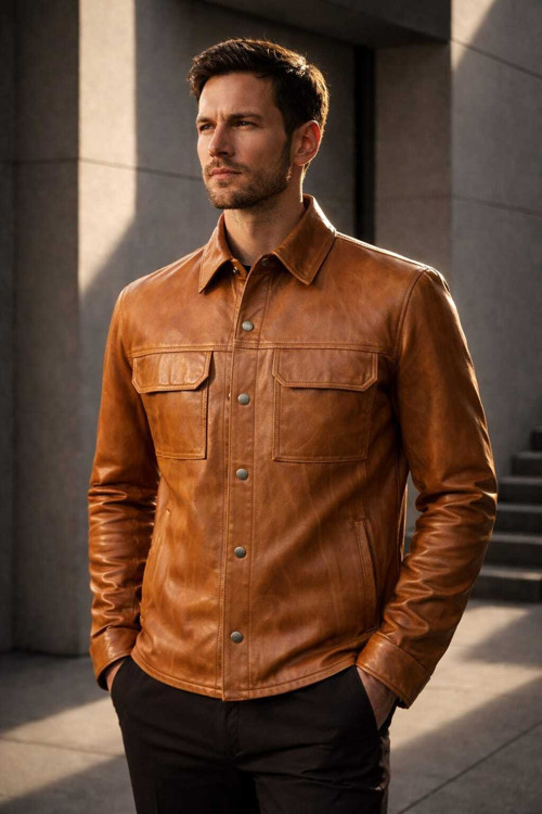 Erkek Hakiki Deri Ceket Taba Gömlek Model Premium Slim Fit Gerçek Deri Mont Üretici Garantili 19060