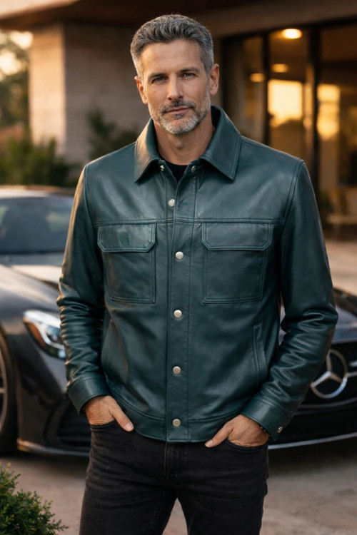 Erkek Hakiki Deri Ceket Yeşil Gömlek Model Premium Slim Fit Gerçek Deri Mont Üretici Garantili 19060