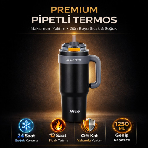 Premium Pipetli Termos 1250 ML – 6 Katman Yalıtım, Çift İçim Modu, Sızdırmaz Kapak, 24 Saat Soğuk / 12 Saat Sıcak