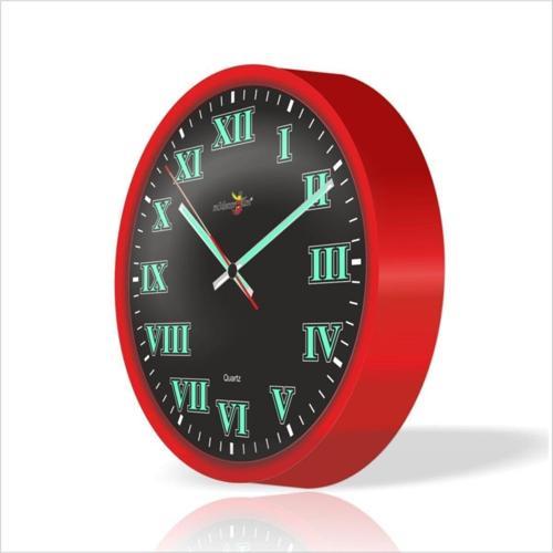Büyük 28c Fosforlu Klasik Roma Rakkamlı Kırmızı Çerçeveli Ön Camlı Siyah Zeminli Sessiz Duvar Saati