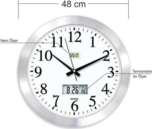 Hassas Dijital 48 Cm Dijital Termometreli Nem Ölçerli Camlı Satine Aluminyum Metal Ofis Duvar Saati