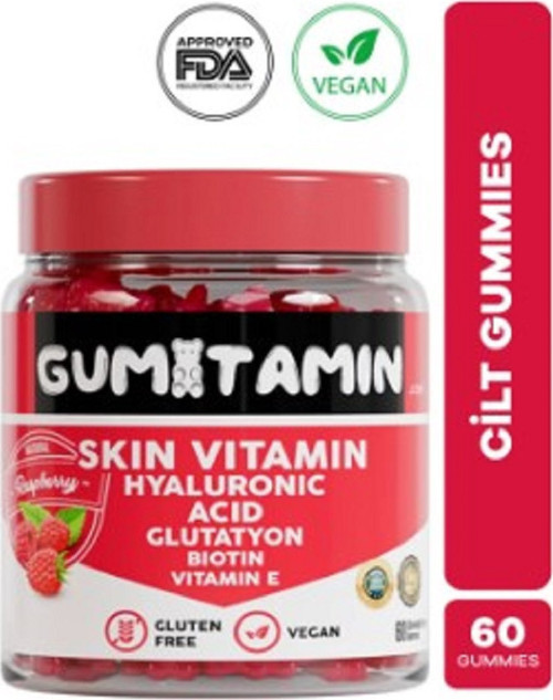 Cilt Vitamini Vegan Gummy, Hyaluronik Asit, Glutatyon, Biotin, Vitamin E, Dogal Ahududu Aromalı