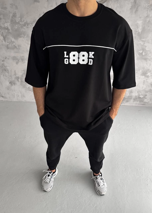 Bisiklet Yaka Baskılı Oversize T-Shirt - Siyah