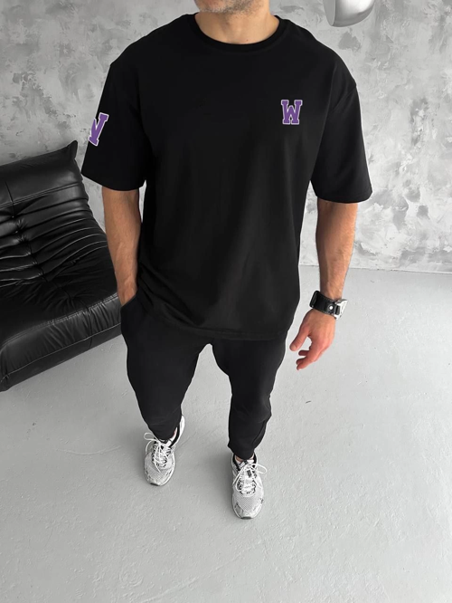 Bisiklet Yaka Baskılı Oversize T-Shirt - Siyah
