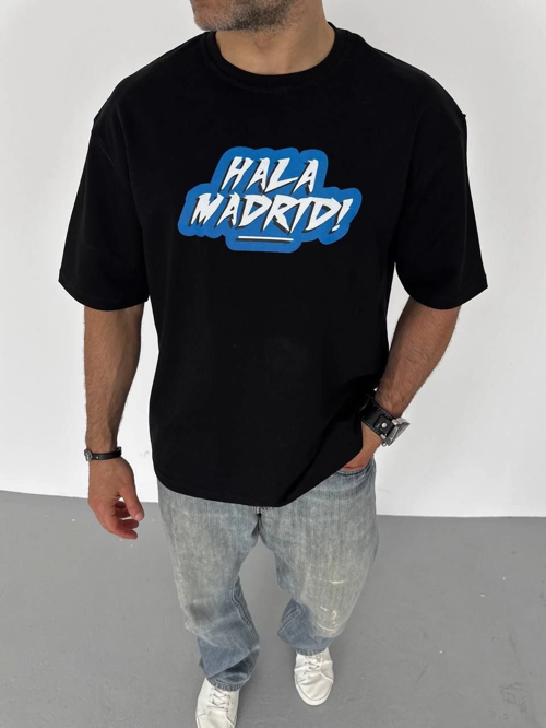 Bisiklet Yaka Baskılı Oversize T-Shirt - Siyah