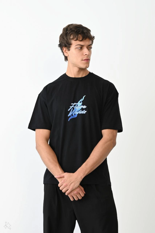 Bisiklet Yaka Baskılı Oversize T-Shirt - Siyah
