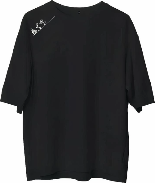 Bisiklet Yaka Baskılı Oversize T-Shirt - Siyah