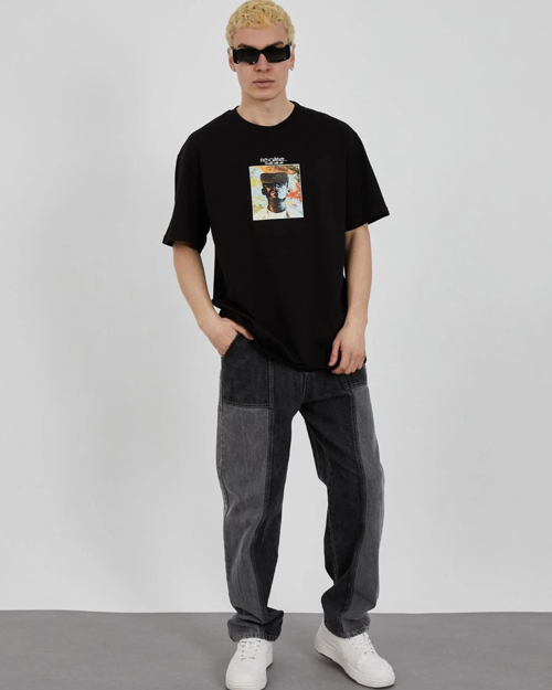 Bisiklet Yaka Baskılı Oversize T-Shirt - Siyah