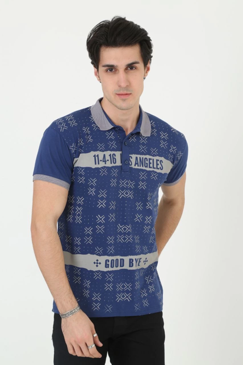 Yakalı Slim Fit Baskılı T-Shirt - Mavi