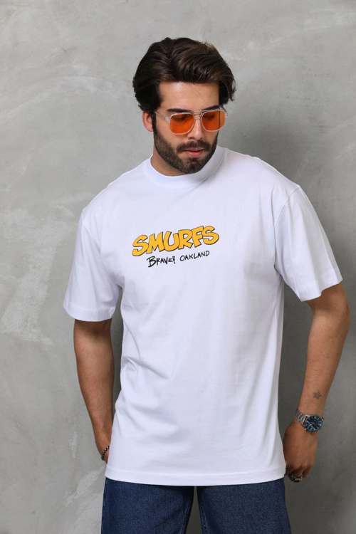 Bisiklet Yaka Baskılı Oversize T-Shirt - Beyaz
