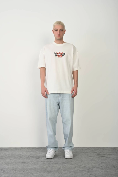 Bisiklet Yaka Baskılı Oversize T-Shirt - Beyaz