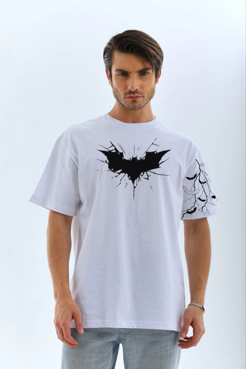 Ön ve Kol Baskılı Oversize T-shirt - Beyaz