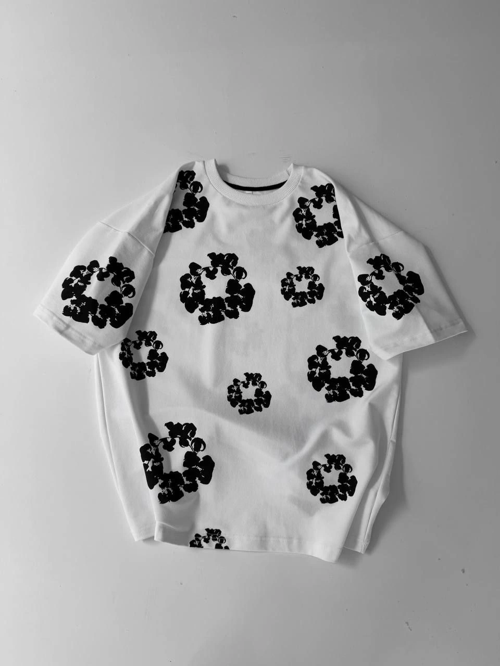 Ön ve Arka Baskılı Oversize Bisiklet Yaka T-shirt- Beyaz