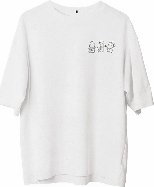Bisiklet Yaka Baskılı Oversize T-Shirt - Beyaz