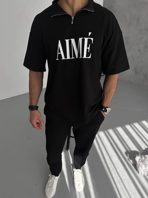 Yarım Fermuarlı Baskılı T-Shirt - Siyah