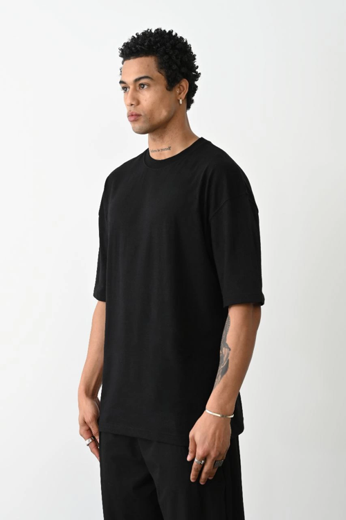 Erkek Düz Basic Bisiklet Yaka Kısa kol T-Shirt - Siyah