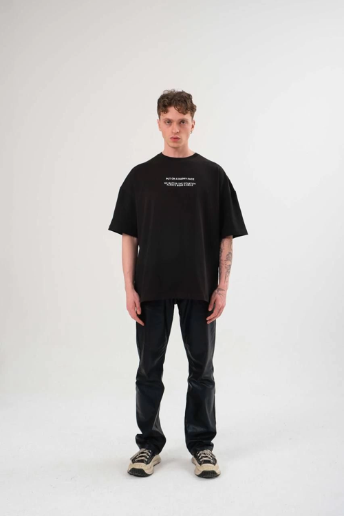 Bisiklet Yaka Baskılı Oversize T-Shirt - Siyah