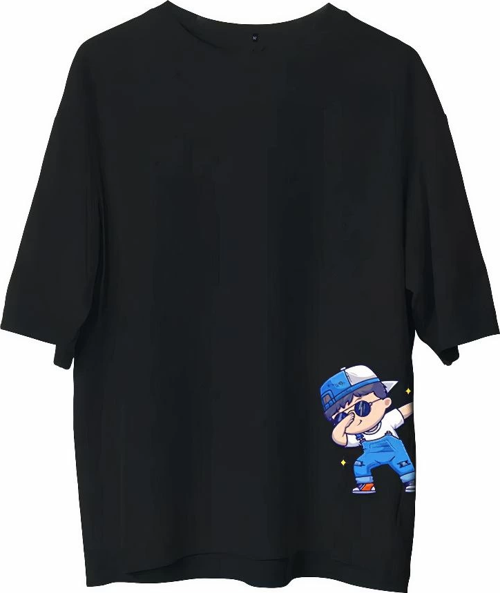 Bisiklet Yaka Baskılı Oversize T-Shirt - Siyah