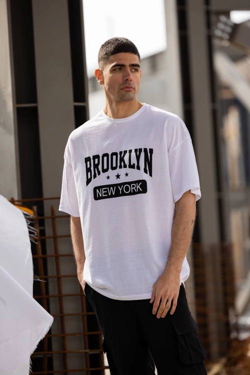Bisiklet Yaka Baskılı Oversize T-Shirt - Beyaz