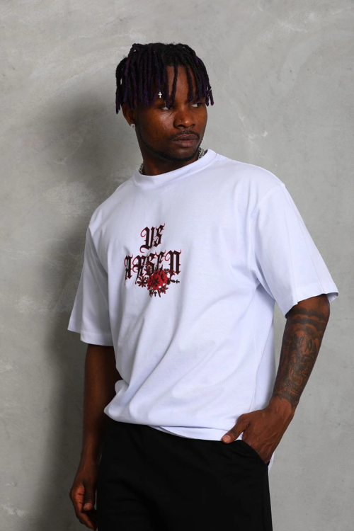 Oversize Baskılı Bisiklet Yaka T-Shirt - Beyaz