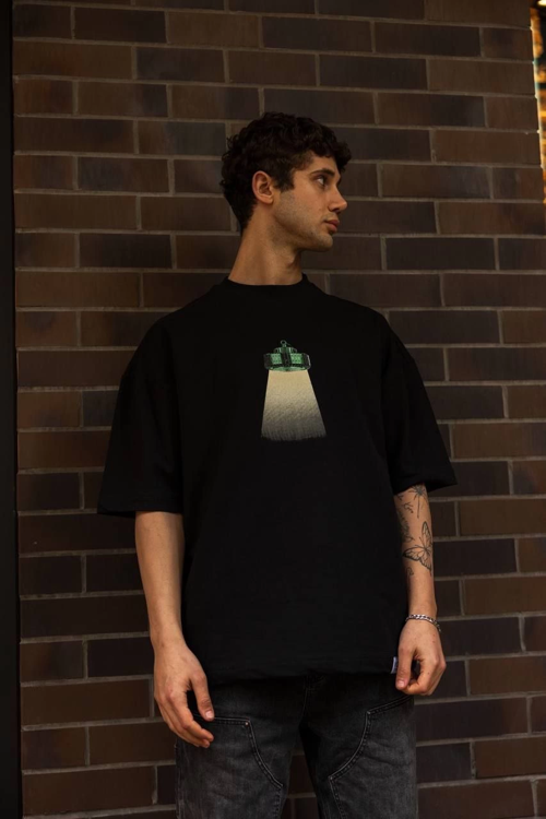 Bisiklet Yaka Baskılı Oversize T-Shirt - Siyah