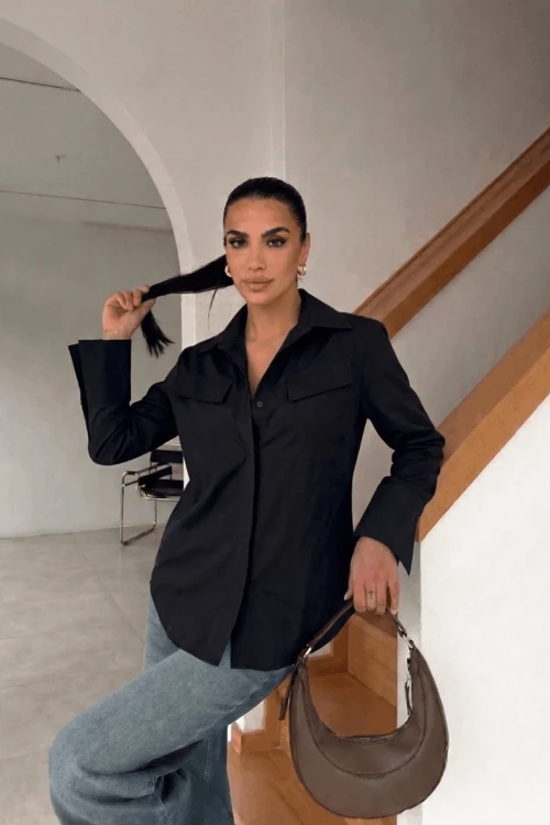 Kadın Klasik Yaka Cepli Uzun Kollu Gömlek