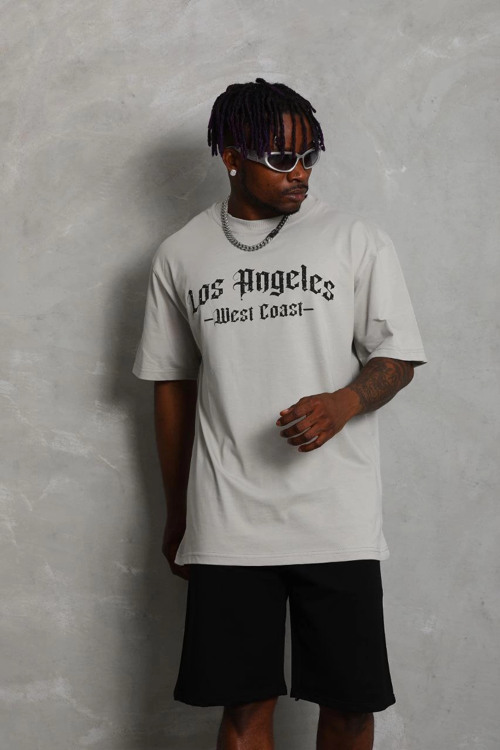 Oversize Baskılı Bisiklet Yaka T-Shirt - Gri