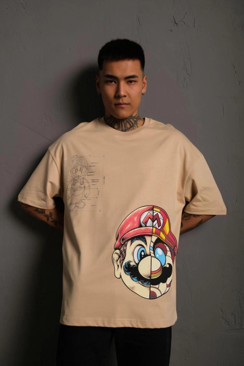 Mario Baskılı Oversize T-Shirt - Bej