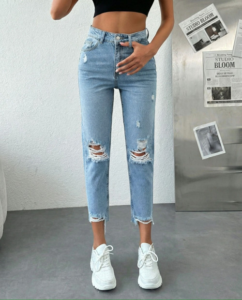Kadın Dizleri Yırtık %100 Pamuk Jean Pantolon - Paçası Kesik Mom Fit Denim