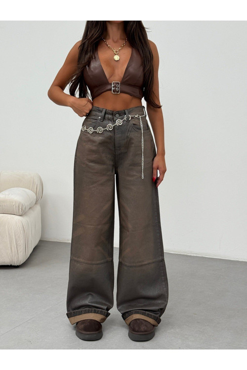 Vintage Kahve Tonlu Wide Leg Denim Pantolon