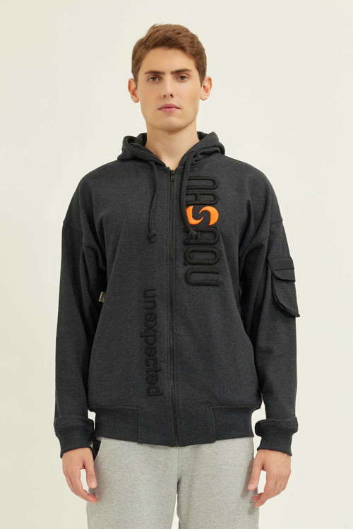 Erkek Bar Fermuarlı Antrasit Hoodie