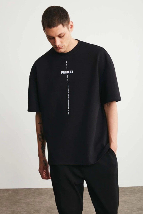 Unisex Baskılı Oversize Kısa kol T-Shirt - Siyah