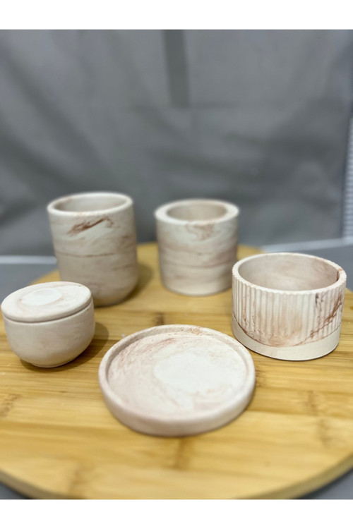 Mermer Desenli Krem 5’Li Beton Dekoratif Set | Minimal Ev Aksesuarı