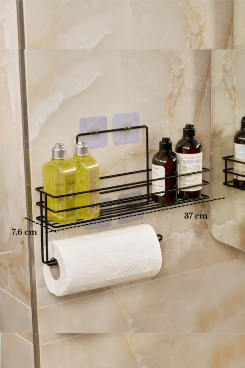 Siyah Renk Modern Banyo Rafı | Çok Amaçlı Yapışkanlı Duş Organizer ve Kağıt Havluluk