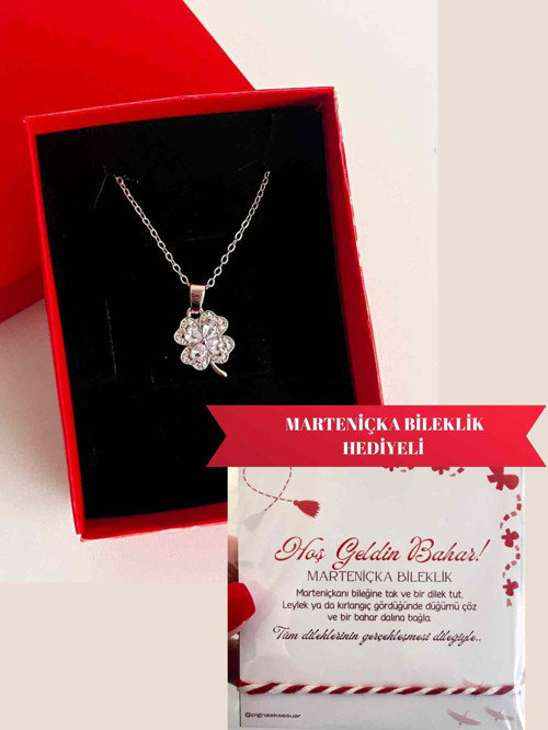 Gümüş Kaplama Taşlı Yonca Çelik Kolye & Hediye Marteniçka Bileklik Seti – Işıltılı Şans ve Bahar Dileği