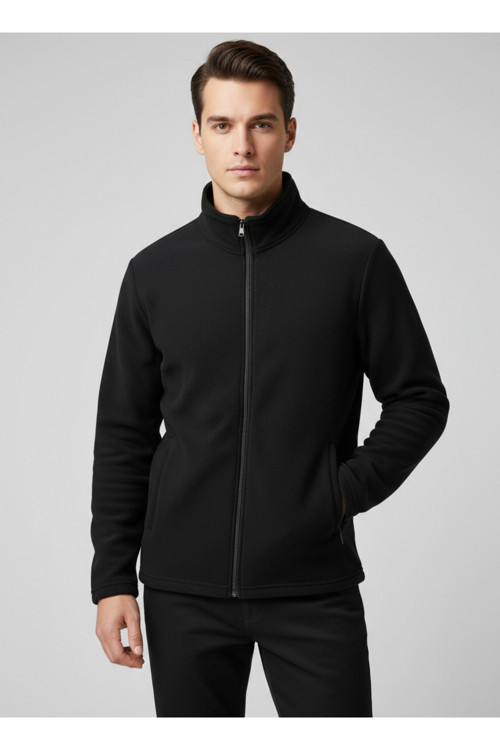 Erkek Siyah Dik Yaka Tam Fermuarlı Fleto Cepli Kışlık Polar Sweatshirt Hırka