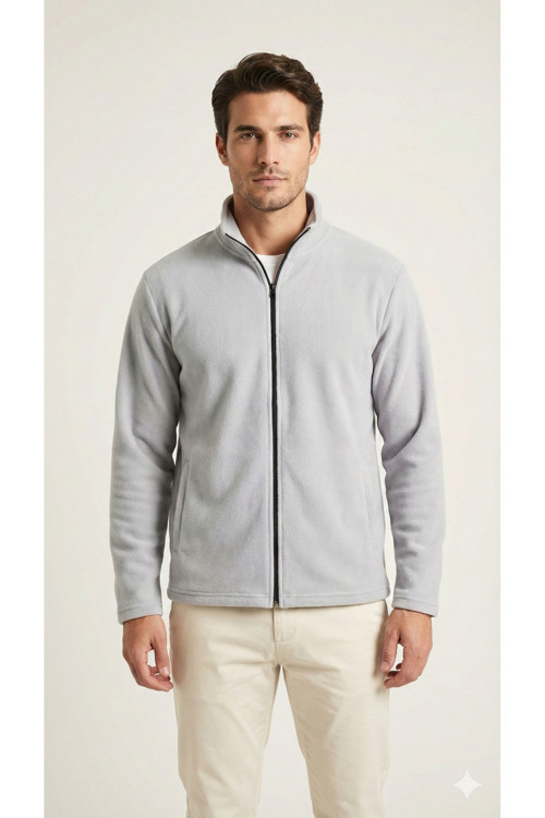 Erkek Açık Gri Dik Yaka Tam Fermuarlı Fleto Cepli Kışlık Polar Sweatshirt Hırka