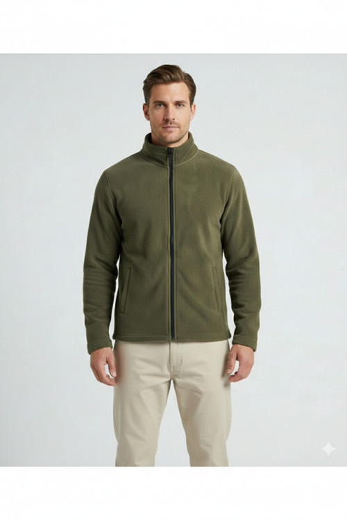 Erkek Haki Dik Yaka Tam Fermuarlı Fleto Cepli Kışlık Polar Sweatshirt Hırka