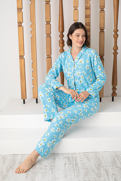 Kadın Önden Düğmeli Uzun Kollu Polar Peluş Kışlık Sıcak Tutan Pijama Takımı