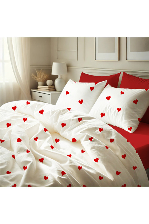 %100 Pamuklu Flanel (Pazen) Kumaş Kalpli Tek Kişilik Nevresim Takımı | Lastikli Çarşaf 120x200+30