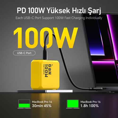 Youth 3 Portlu Şarj Adaptörü,100W Şarj Cihazı, GaN Hızlı Şarj İstasyonu, Sarı