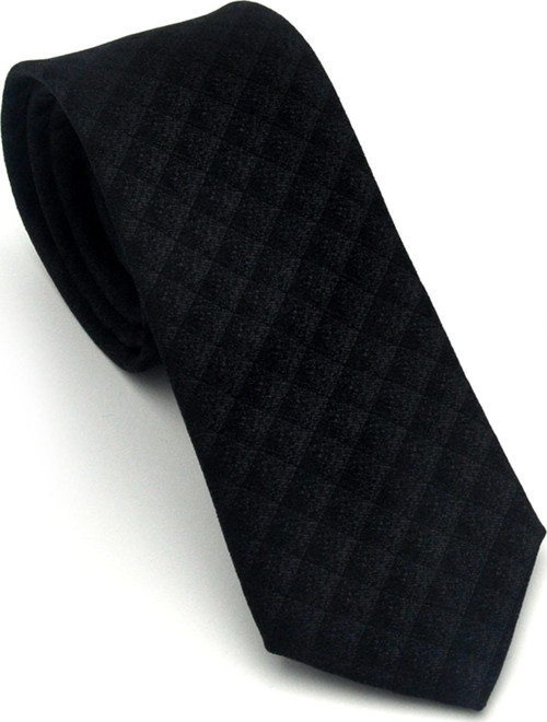 Gri Küp Desenli Siyah Dokuma Kumaş Mendilli Slim Fit Kravat // SDK-2605-1