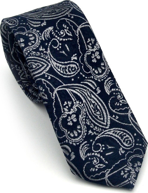 Gri Şal Desenli Lacivert Dokuma Kumaş Mendilli Slim Fit Kravat // SDK-2607-2